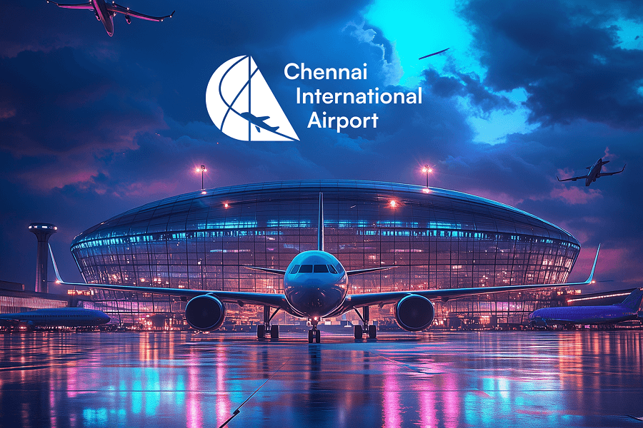 Chennai International Airport hero illustration of the city skyline at night